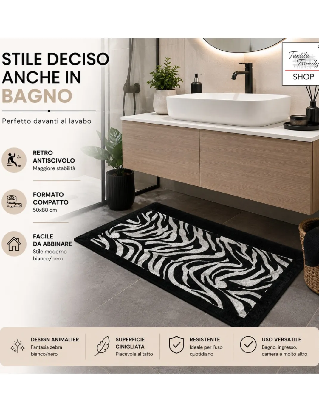 Tappeto Zebrato Zebra 50x80 cm Antiscivolo in Poliestere, Moderno Animalier, Spessore 8 mm