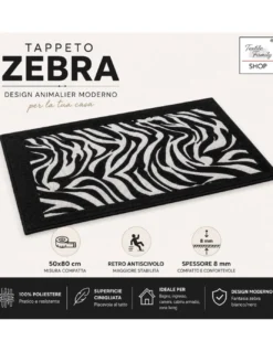 Tappeto Zebrato Zebra 50x80 cm Antiscivolo in Poliestere, Moderno Animalier, Spessore 8 mm