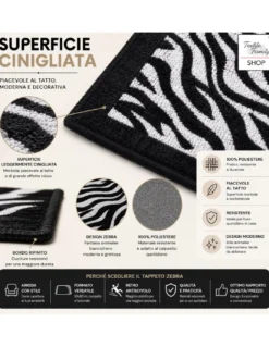 Tappeto Zebrato Zebra 50x80 cm Antiscivolo in Poliestere, Moderno Animalier, Spessore 8 mm