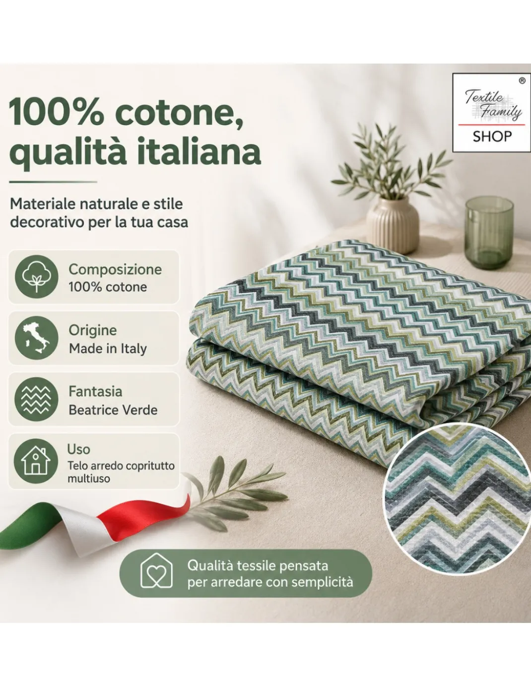 TELO ARREDO Copritutto GRAN FOULARD Copriletto COPRIDIVANO Tessuto BEATRICE Verde
