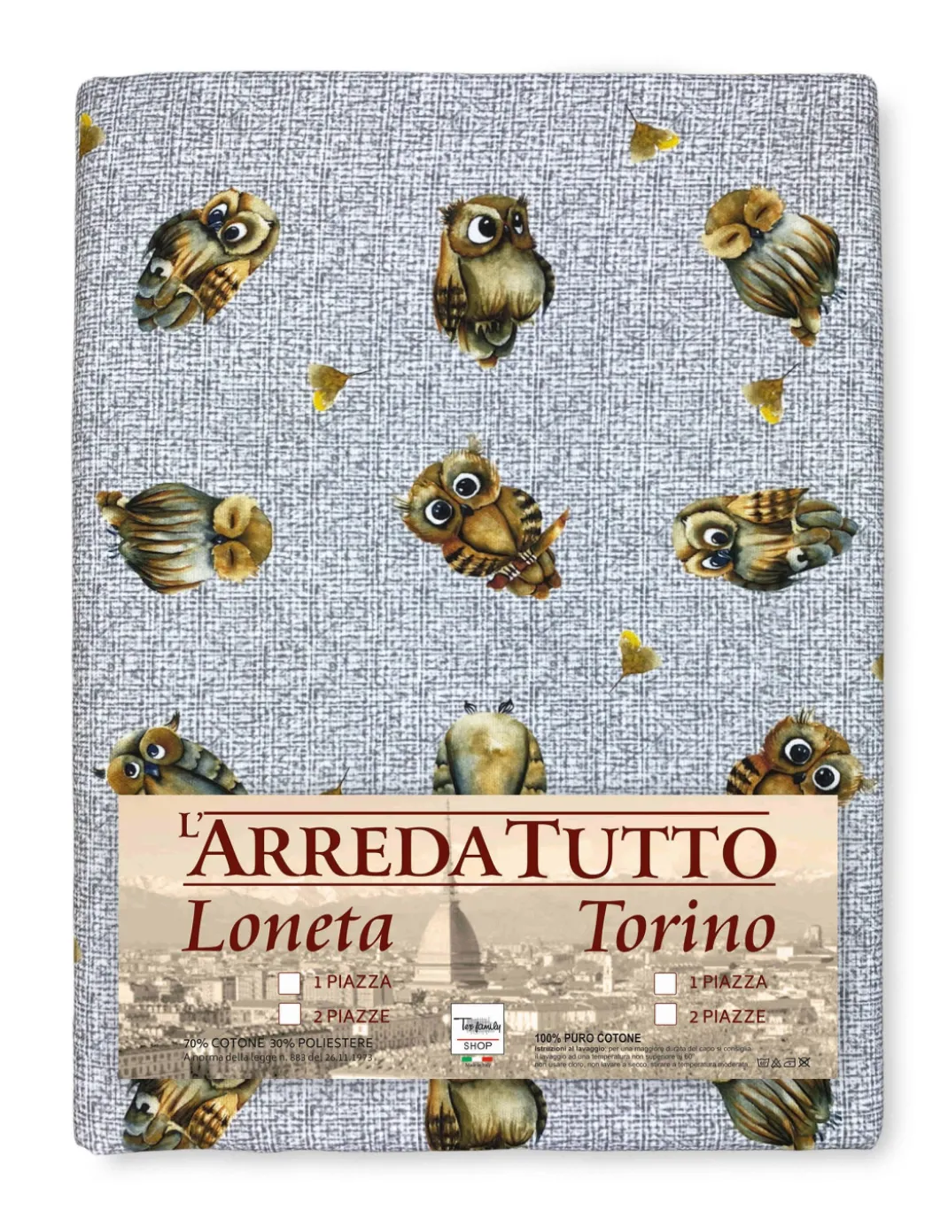 TELO ARREDO copritutto GRAN FOULARD COPRILETTO copridivano tessuto DIGITY GUFI gufetti grigio in puro cotone