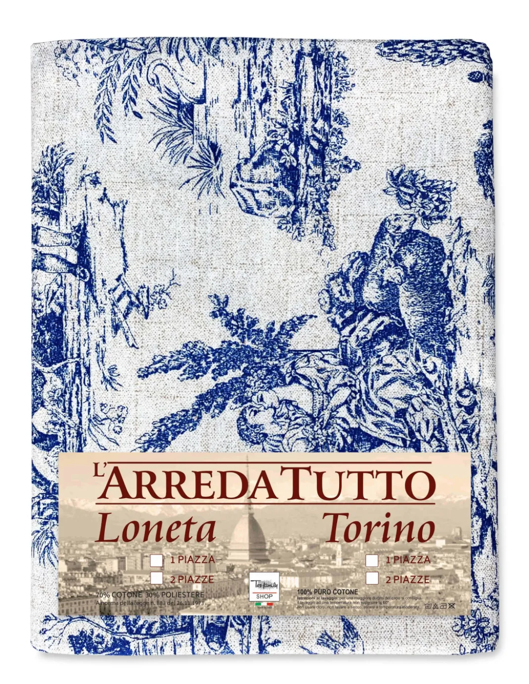 TELO ARREDO copritutto GRAN FOULARD COPRILETTO copridivano TESSUTO LONETA Toiles de Jouy blu