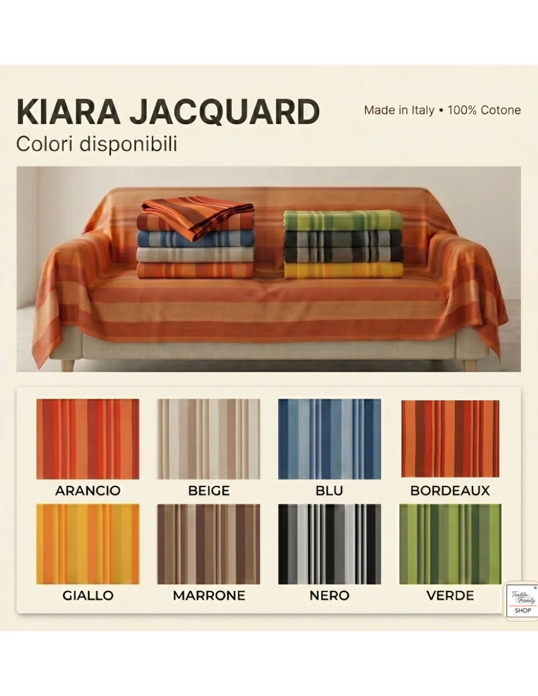 Telo Copritutto Kiara Jacquard 100% Cotone Biscotto Made in Italy, Gran Foulard Telo Arredo, Copridivano/Copriletto
