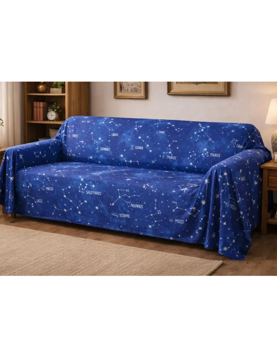 Telo Copritutto Segni Zodiacali Blu - 100% Cotone - Gran Foulard Multiuso Copriletto/Copridivano - Made in Italy