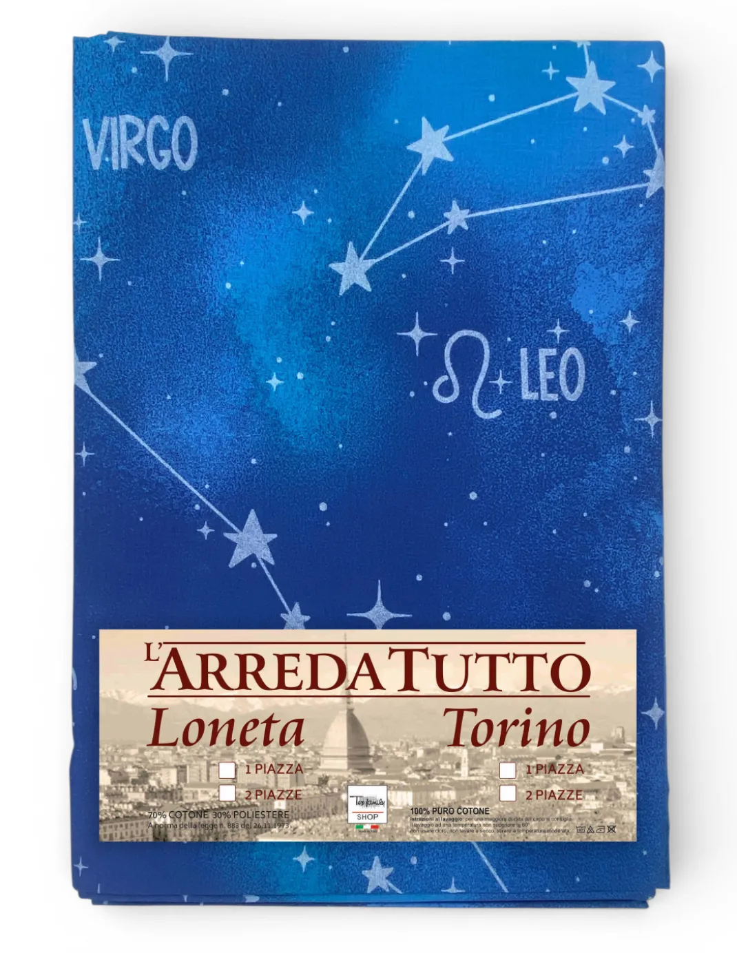 Telo Copritutto Segni Zodiacali Blu - 100% Cotone - Gran Foulard Multiuso Copriletto/Copridivano - Made in Italy