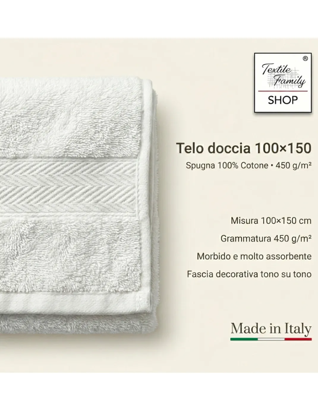 Telo Doccia Luna 100x150 in Spugna 100% Cotone 450 g/m² Made in Italy