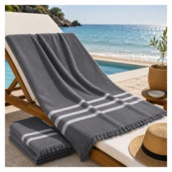 Telo Mare Asciugamano Fouta Spugna Grigio Scuro 90x180 100% Cotone con Frange Made in Turkey