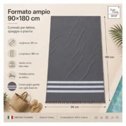 Telo Mare Asciugamano Fouta Spugna Grigio Scuro 90x180 100% Cotone con Frange Made in Turkey