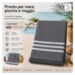 Telo Mare Asciugamano Fouta Spugna Grigio Scuro 90x180 100% Cotone con Frange Made in Turkey