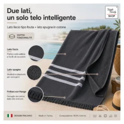 Telo Mare Asciugamano Fouta Spugna Grigio Scuro 90x180 100% Cotone con Frange Made in Turkey