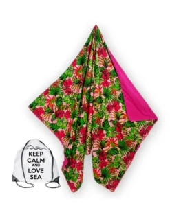 Telo mare doppio KIKOY in cotone e spugna con zaino KEEP – Fantasia Tropici fucsia