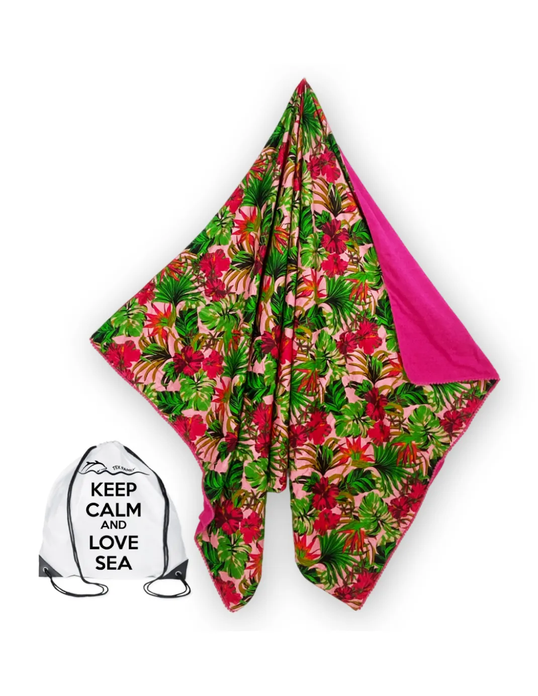 Telo mare doppio KIKOY in cotone e spugna con zaino KEEP – Fantasia Tropici fucsia