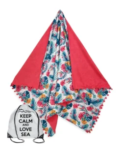 TELO mare doppio KIKOY Tropicale Rosa in COTONE e in SPUGNA con ZAINO KEEP