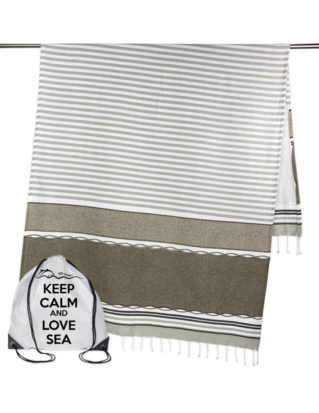 TELO MARE fouta BOY BEIGE misura GRANDE con zaino Spiaggia KEEP CALM CM.100X200