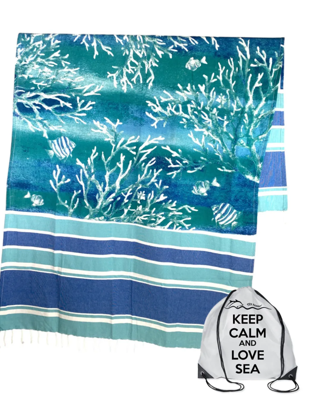 TELO MARE fouta CORALLI Piantine MISURA Grande CM.100X200 con zaino Spiaggia KEEP CALM