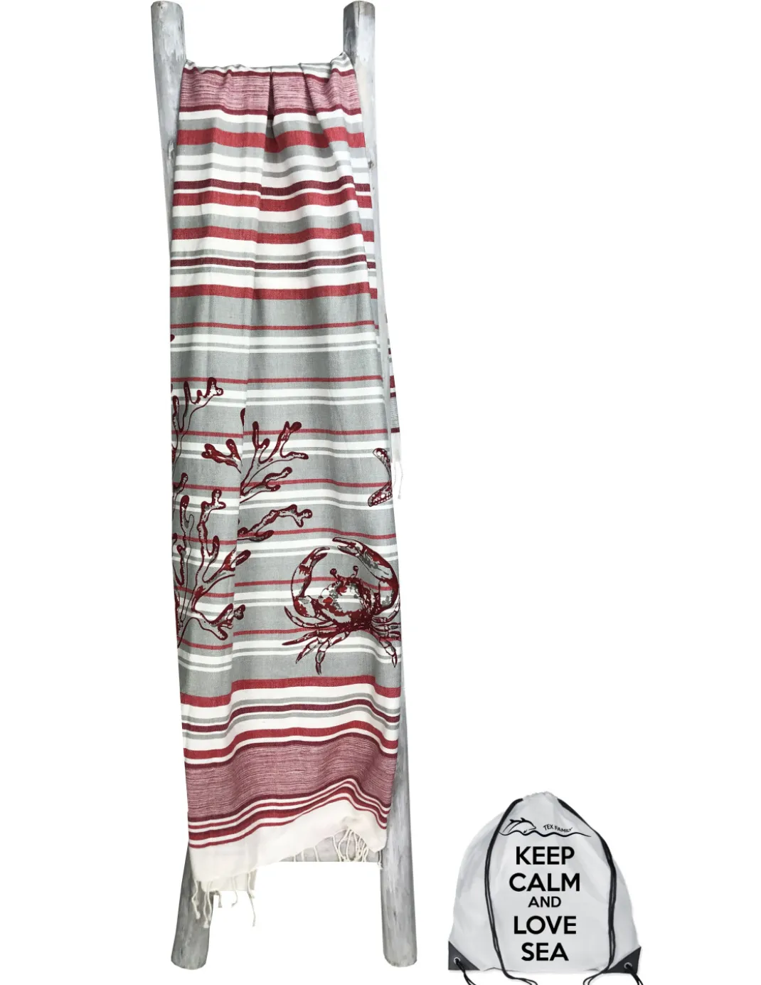 TELO MARE FOUTA GRANCHIO Rosso misura GRANDE con zaino Spiaggia KEEP CALM CM.100X200