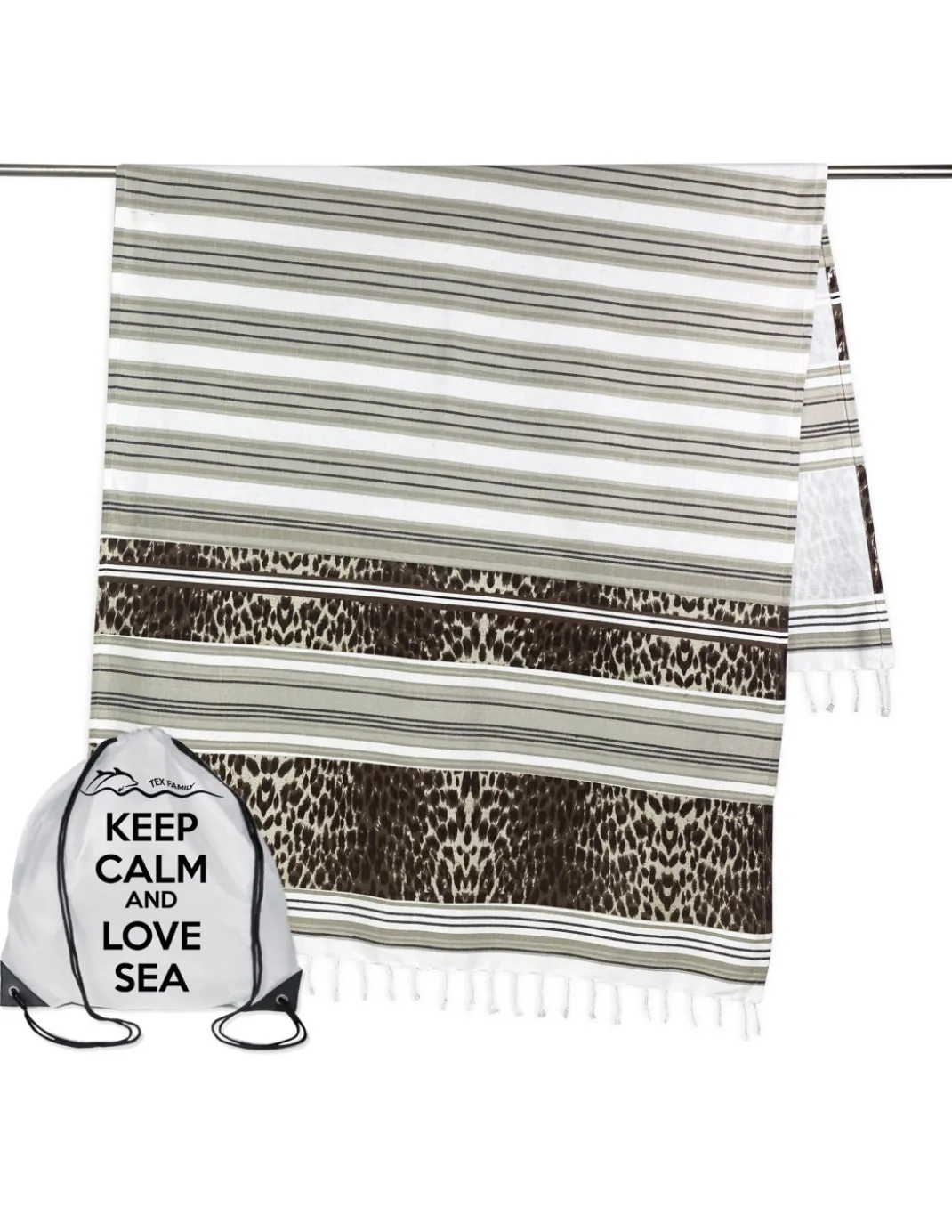 TELO MARE fouta LEOPARDATO misura GRANDE con zaino Spiaggia KEEP CALM CM.100X200