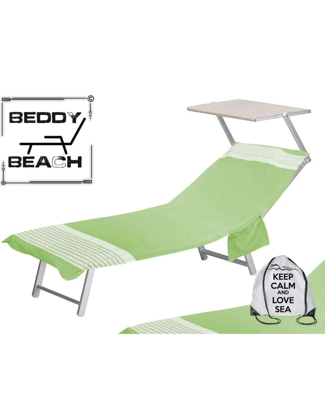 TELO MARE fouta LETTINO ALVIN VERDE ACIDO in cotone BEDDY BEACH © CON TASCHE MISURA CM. 75 X 195 e zaino SPIAGGIA
