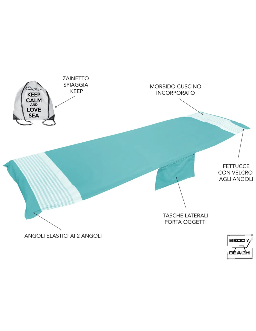 TELO MARE fouta LETTINO ALVIN SMERALDO in cotone BEDDY BEACH © CON TASCHE MISURA CM. 75 X 195 e zaino SPIAGGIA