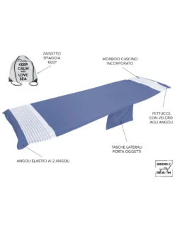 TELO MARE fouta LETTINO ALVIN BLU in cotone BEDDY BEACH © CON TASCHE MISURA CM. 75 X 195 e zaino SPIAGGIA
