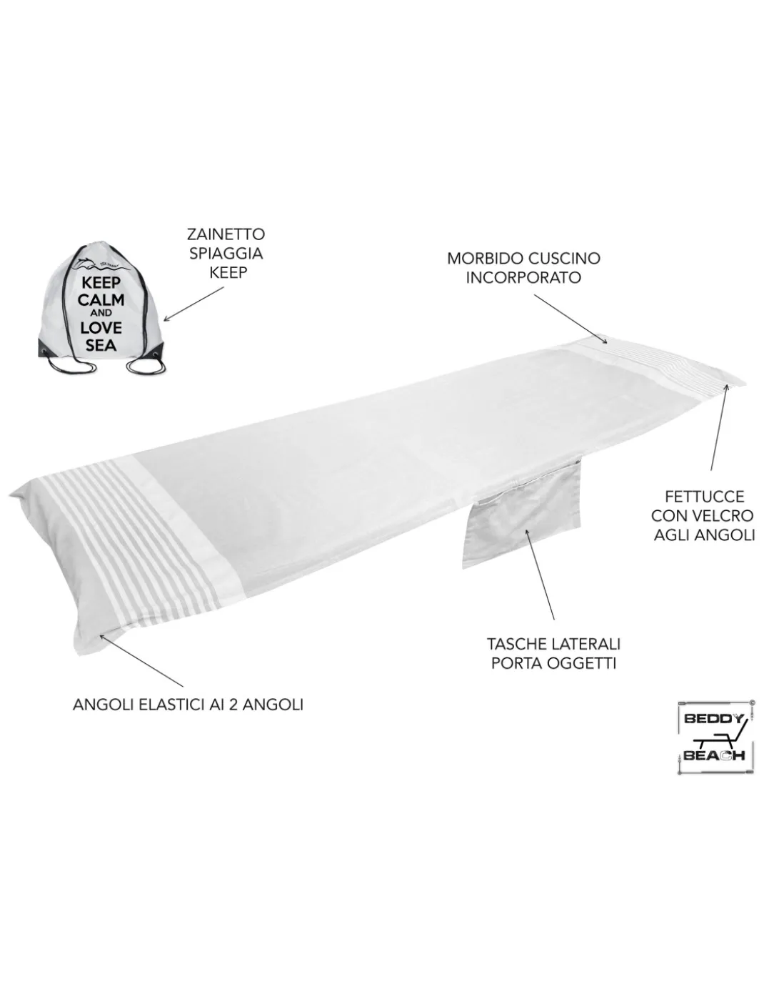 TELO MARE fouta LETTINO ALVIN GRIGIO in cotone BEDDY BEACH © CON TASCHE MISURA CM. 75 X 195 e zaino SPIAGGIA