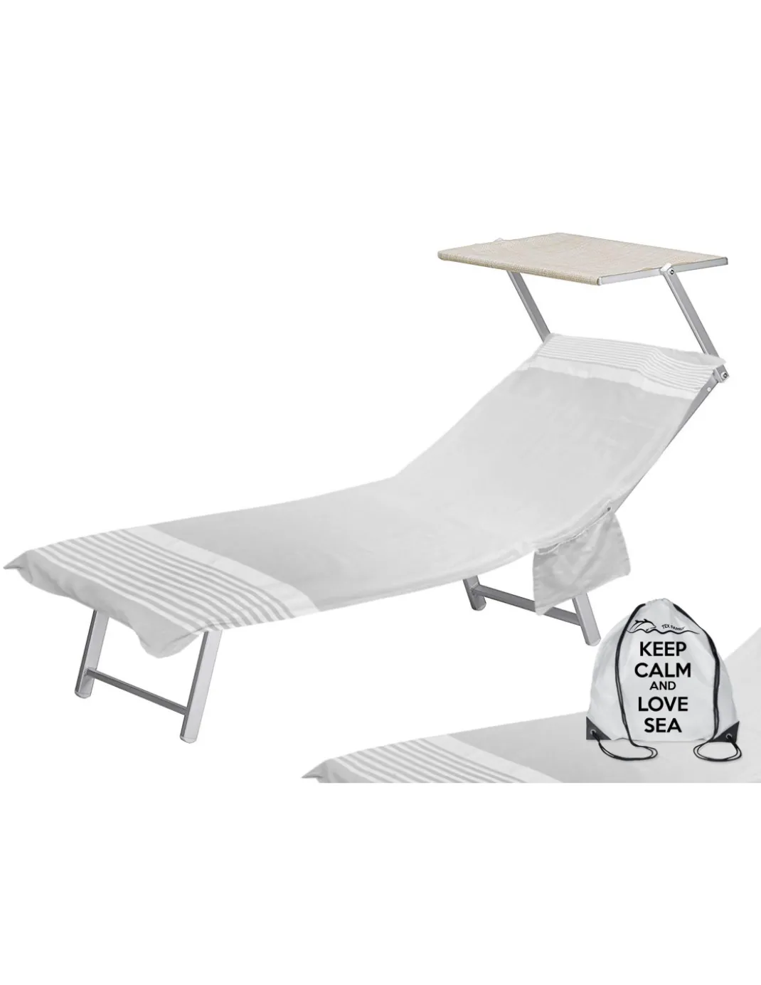 TELO MARE fouta LETTINO ALVIN GRIGIO in cotone BEDDY BEACH © CON TASCHE MISURA CM. 75 X 195 e zaino SPIAGGIA