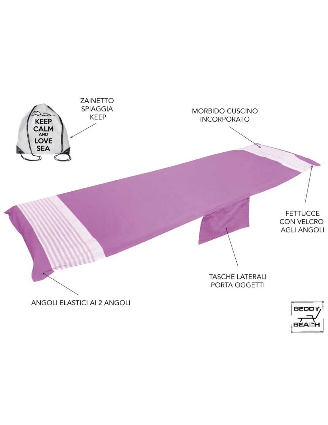 TELO MARE fouta LETTINO ALVIN FUCSIA in cotone BEDDY BEACH © CON TASCHE MISURA CM. 75 X 195 e zaino SPIAGGIA