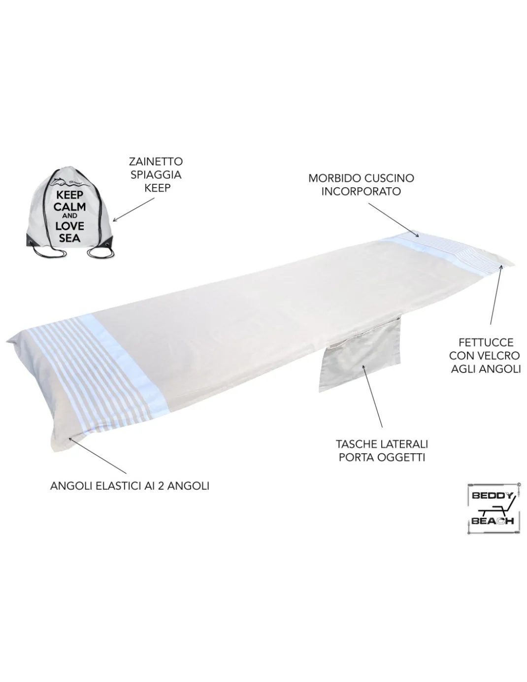 TELO MARE fouta LETTINO ALVIN BEIGE in cotone BEDDY BEACH © CON TASCHE MISURA CM. 75 X 195 e zaino SPIAGGIA