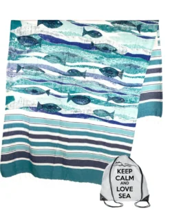 TELO MARE fouta Pesci Blu Grande CM.100X200 con zaino Spiaggia KEEP CALM