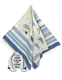 TELO MARE fouta PESCI blu MISURA GRANDE CM.100X200 con zaino Spiaggia KEEP CALM