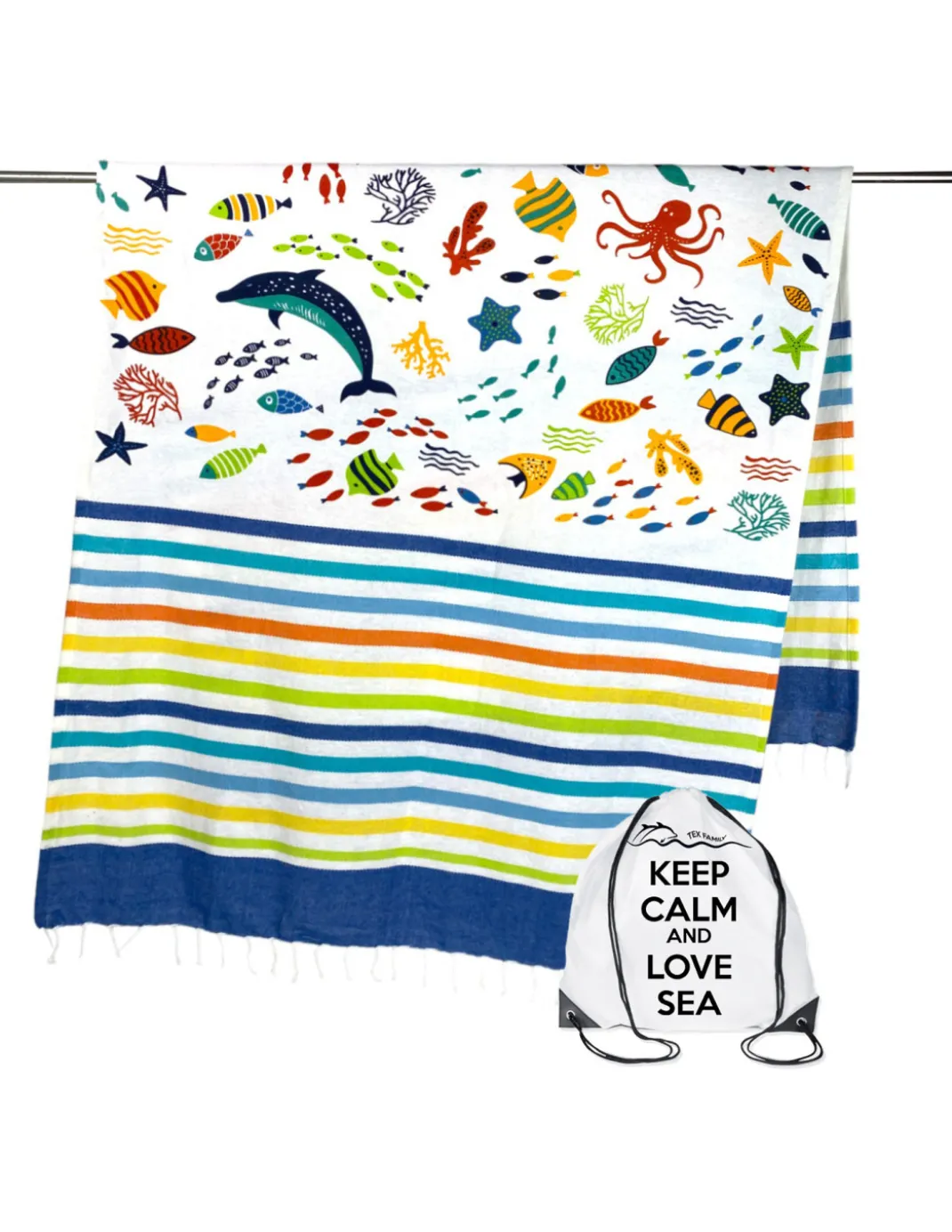 TELO MARE fouta PESCI COLORATI misura GRANDE con zaino Spiaggia KEEP CALM CM.100X200