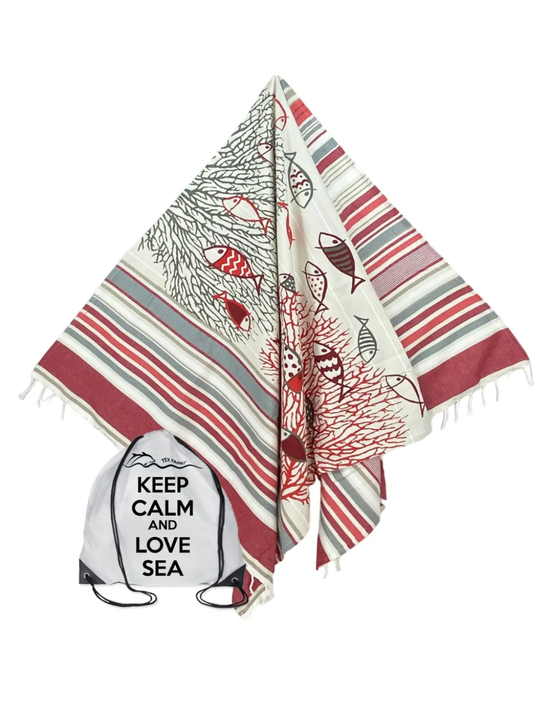 TELO MARE fouta PESCI rossi MISURA Grande CM.100X200 con zaino Spiaggia KEEP CALM