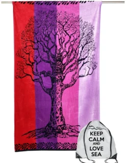 TELO MARE in spugna puro cotone ALBERO DELLA VITA ROSSO e VIOLA misura grande cm. 90 X 170 e zaino spiaggia