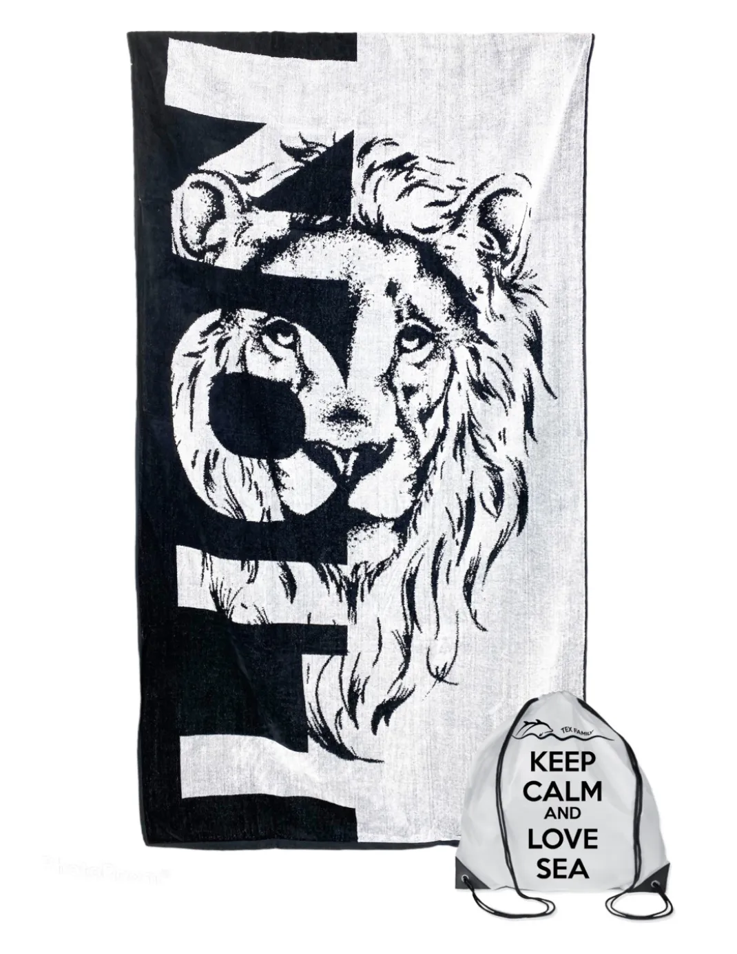 TELO MARE in spugna puro cotone LION misura grande cm. 90 X 170 e zaino spiaggia