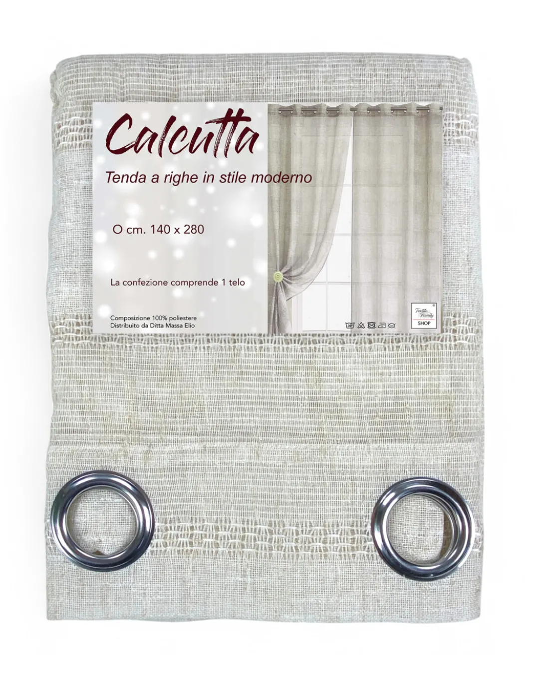 Tenda Calcutta a righe - Pannello moderno 140x280 cm effetto lino - Colore Panna e Avorio con Anelli in Acciaio