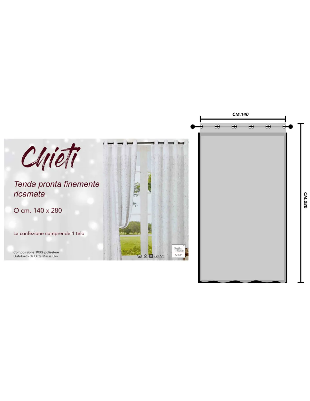 Tenda Chieti Ricamata con Anelli - 140x280 cm Tessuto Grigio - Elegante Motivo Floreale, Pronta all'Uso