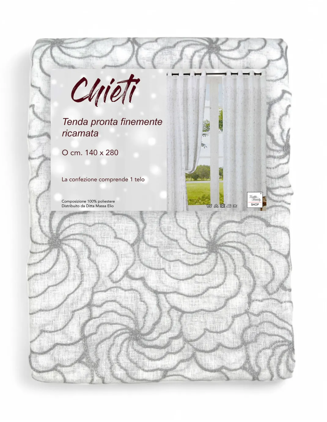 Tenda Chieti Ricamata con Anelli - 140x280 cm Tessuto Grigio - Elegante Motivo Floreale, Pronta all'Uso