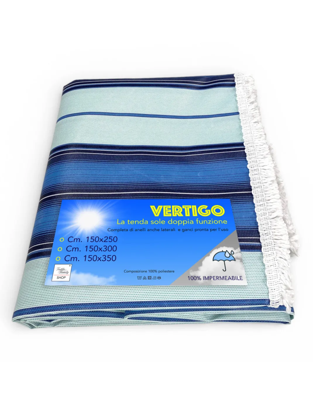 Tenda da Sole Vertigo Tex Family Righino Blu 100% Poliestere Impermeabile Idrorepellente Tinto Filo Occhielli Acciaio Frangia