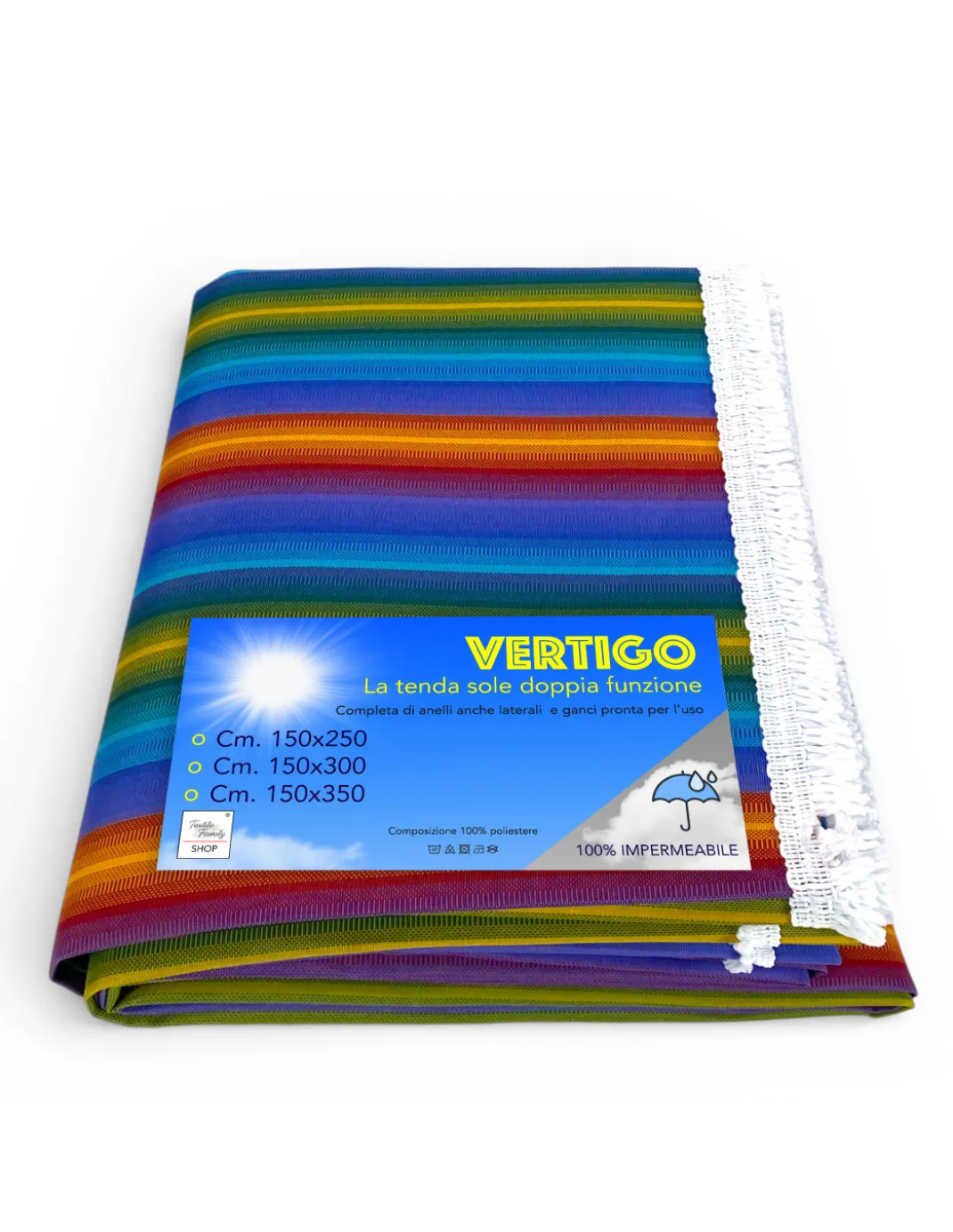 Tenda da Sole Vertigo Tex Family Multicolore 100% Poliestere Impermeabile Idrorepellente Tinto Filo Occhielli Acciaio Frangia