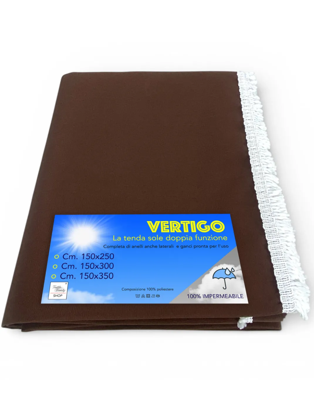 Tenda da Sole Vertigo Tex Family Marrone Unito 100% Poliestere Impermeabile Idrorepellente Tinto Filo Occhielli Acciaio Frangia
