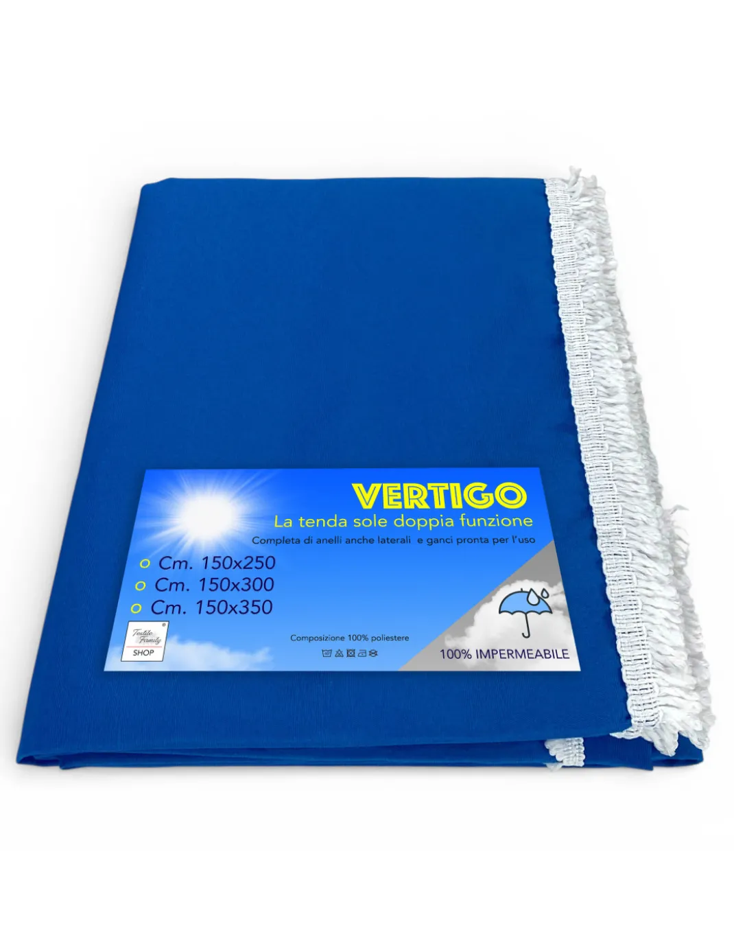 Tenda da Sole Vertigo Tex Family Bluette Unito 100% Poliestere Impermeabile Idrorepellente Tinto Filo Occhielli Acciaio Frangia