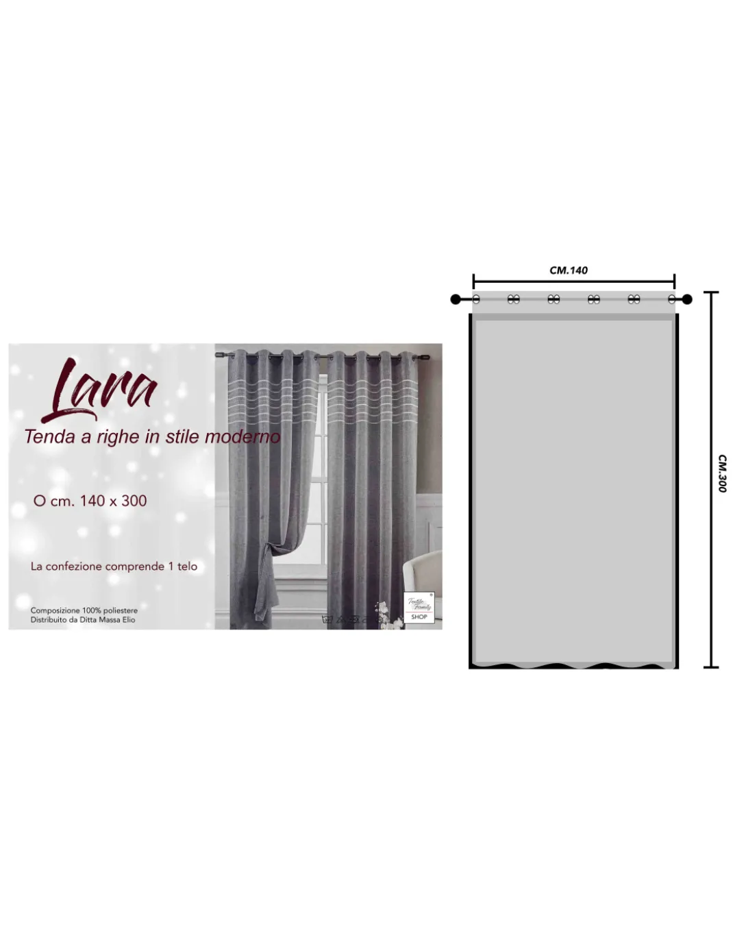 Tenda Lara Grigia a Righe - Stile Moderno - Poliestere Semitrasparente - Con Anelli in Acciaio - 140x300 cm