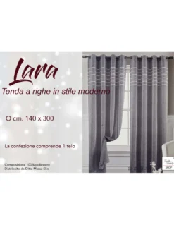 Tenda Lara Grigia a Righe - Stile Moderno - Poliestere Semitrasparente - Con Anelli in Acciaio - 140x300 cm