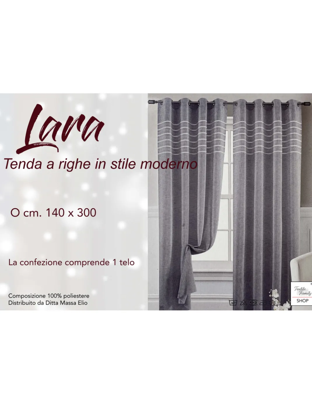Tenda Lara Grigia a Righe - Stile Moderno - Poliestere Semitrasparente - Con Anelli in Acciaio - 140x300 cm
