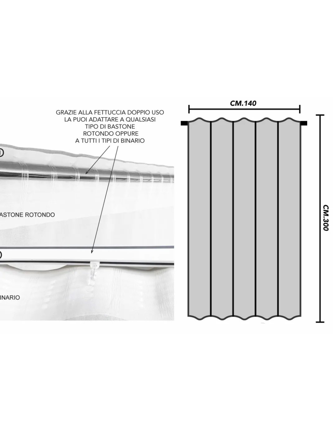 Tenda Monaco Grigia - Pannello 140x300 cm Righe Moderne - Fettuccia Universale per Bastoni o Binari