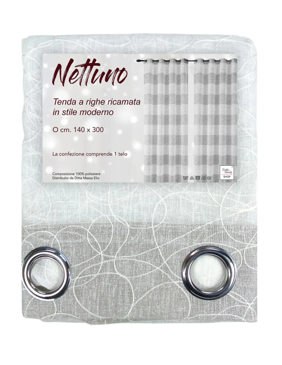Tenda Nettuno Ricamata a Righe 140x300 cm Beige con Lurex- Stile Moderno - Poliestere Semitrasparente con Anelli