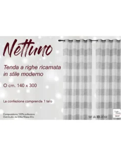 Tenda Nettuno Ricamata a Righe 140x300 cm Beige con Lurex- Stile Moderno - Poliestere Semitrasparente con Anelli