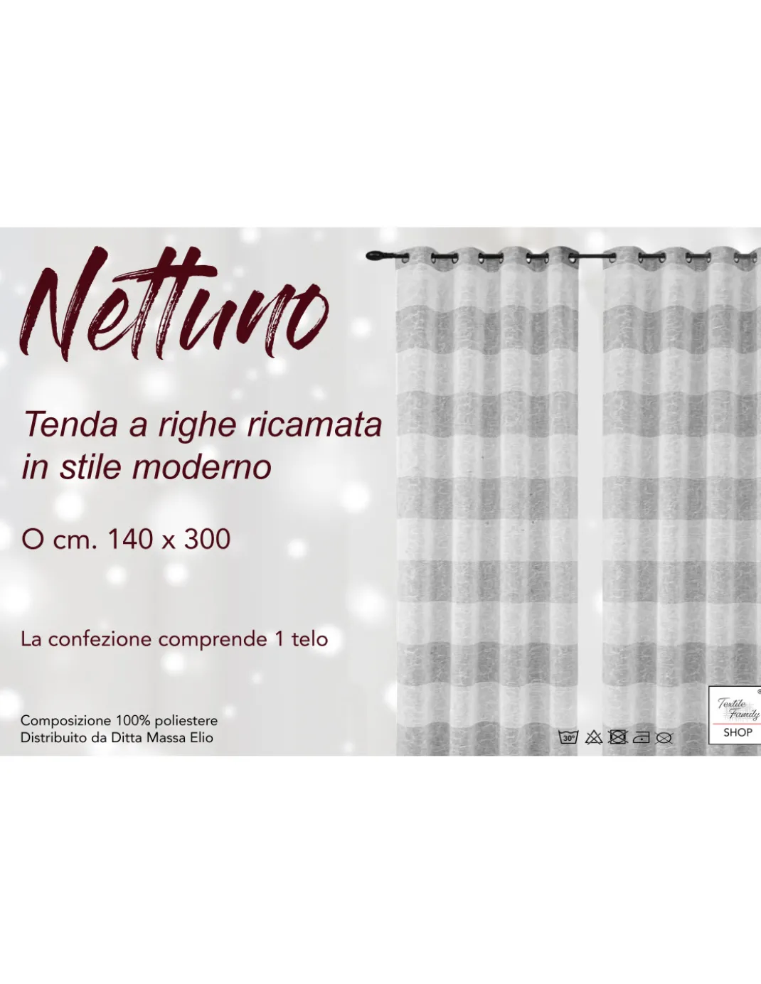 Tenda Nettuno Ricamata a Righe 140x300 cm Beige con Lurex- Stile Moderno - Poliestere Semitrasparente con Anelli
