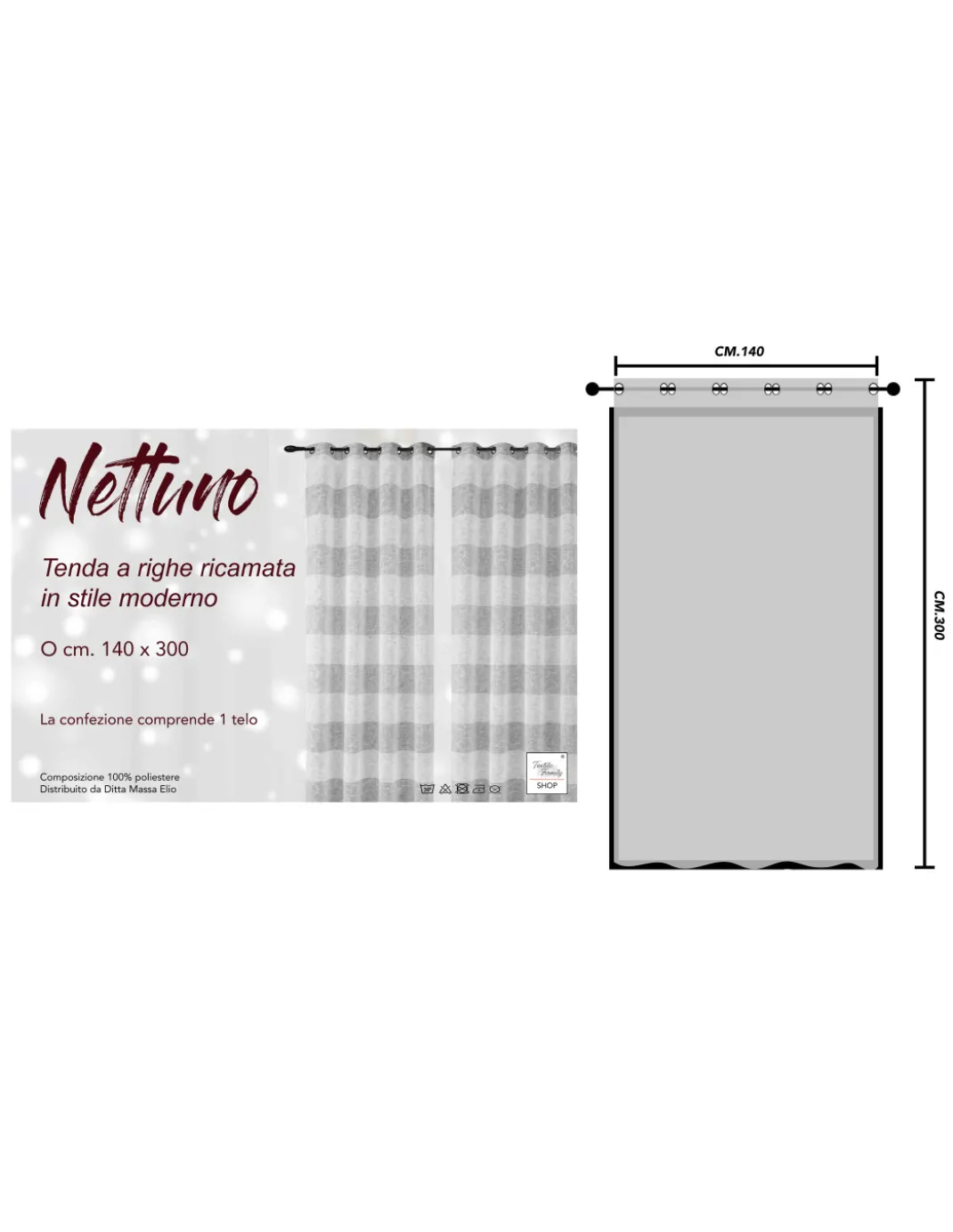 Tenda Nettuno Ricamata a Righe 140x300 cm Beige con Lurex- Stile Moderno - Poliestere Semitrasparente con Anelli