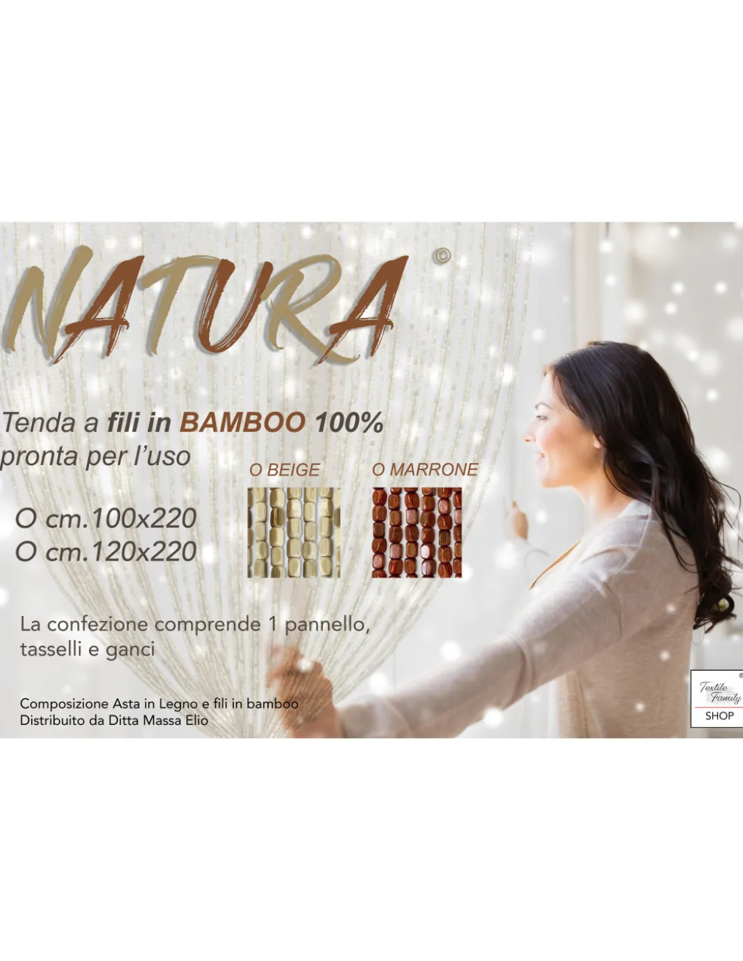 Tenda Perline Legno Beige Handmade Natura - Fili Bamboo 100% Naturale - Asta Nera - Uso Interno - Decorazione Porta e Divisorio